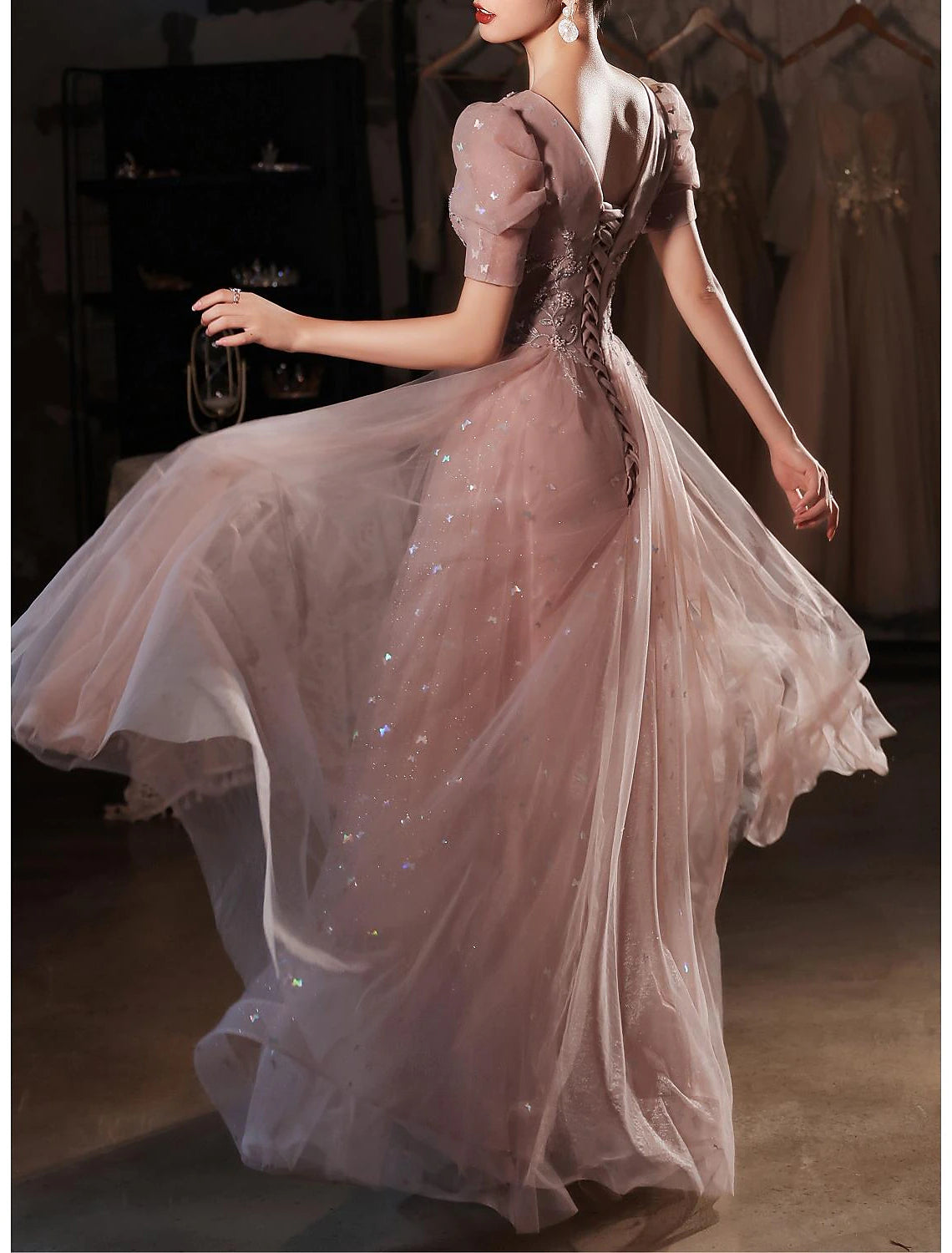 A-Line Prom Dresses Elegant Dress Wedding Guest Prom Floor Length Short Sleeve Sweetheart Satin V Back with Beading Appliques 2025
